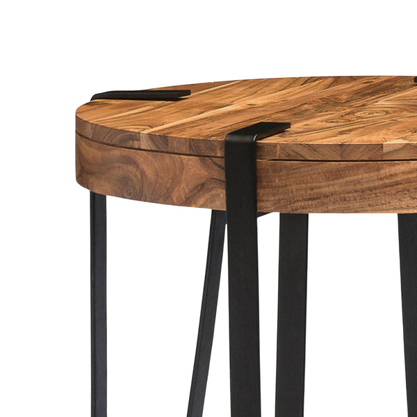 2-Tier Round Acacia Wood & Metal End Table with Bottom Shelf