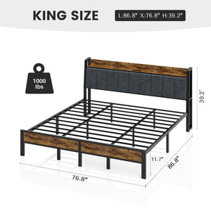 King Bed Frame with LED Lights, USB Charging & Storage Headboard