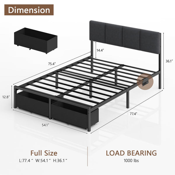 Full Size Bed Frame with LED Lighting, USB Charging & Storage Drawers