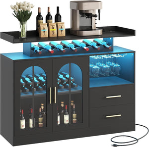Wine Bar Cabinet with LED Lights & Charging Station