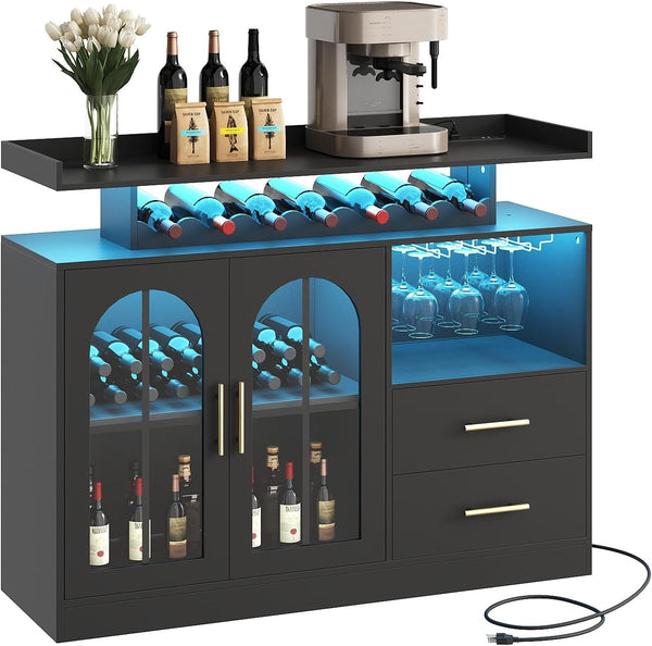Wine Bar Cabinet with LED Lights & Charging Station