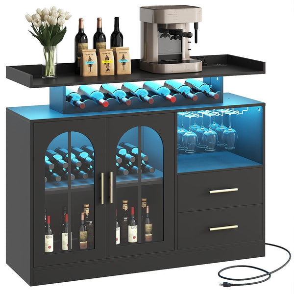 Wine Bar Cabinet with LED Lights & Charging Station