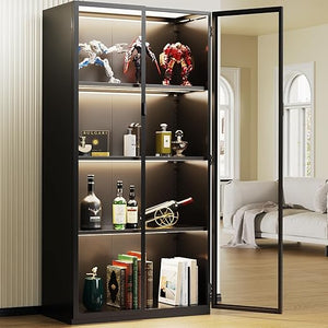 Glass Display Cabinet with LED Lighting – 4-Tier Metal Curio Cabinet