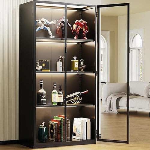 Glass Display Cabinet with LED Lighting – 4-Tier Metal Curio Cabinet