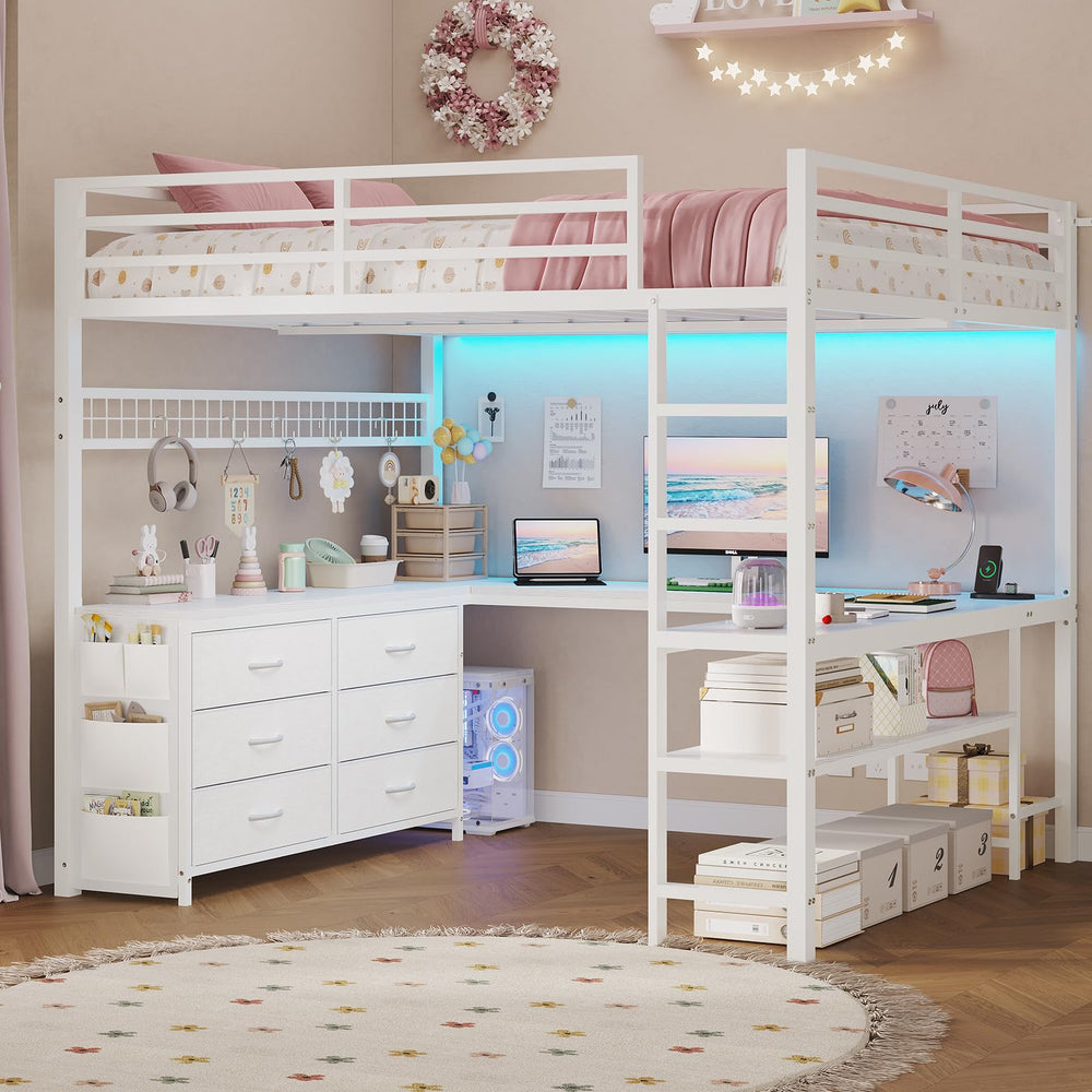 Full Size Loft Bed with U-Shaped Desk, Storage Drawers, LED Lights & Power Outlet