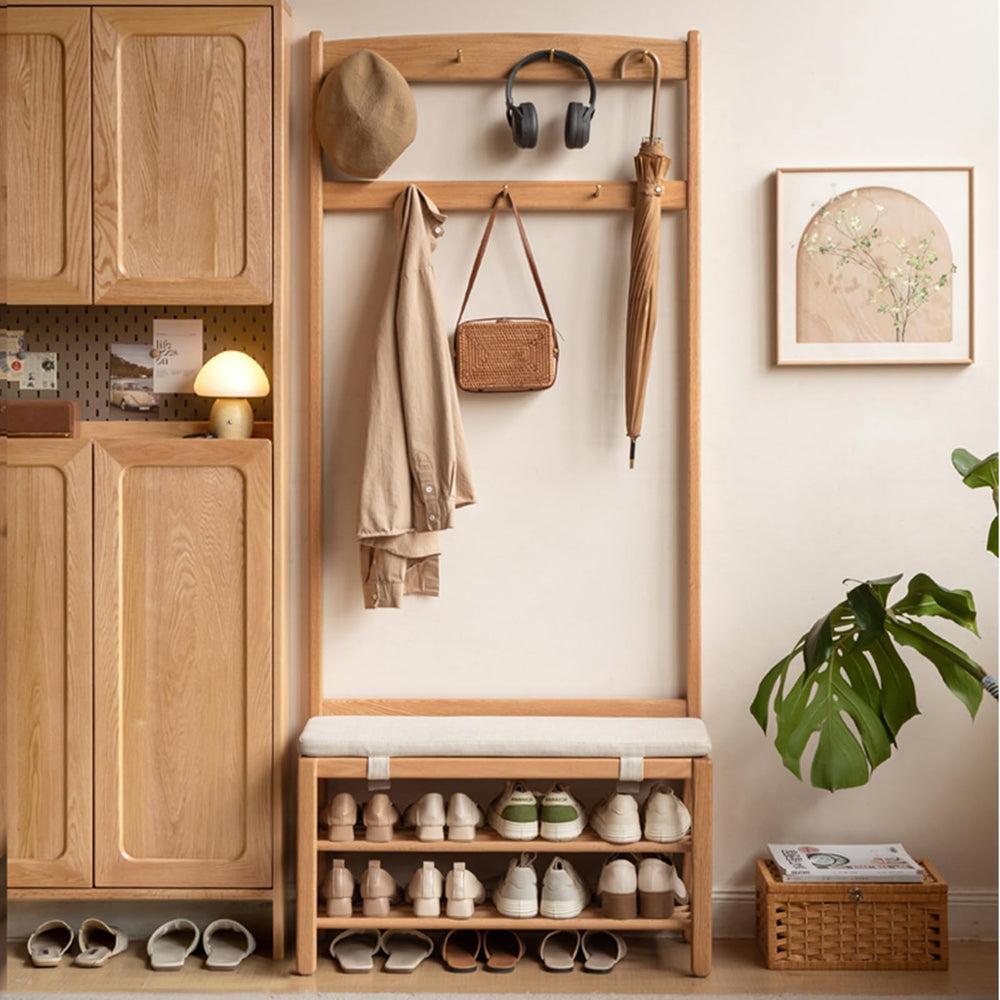 Solid Oak Hall Tree with Shoe Bench, 2-Tier Shoe Rack & 7 Hooks – Natural
