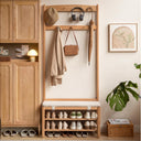 Solid Oak Hall Tree with Shoe Bench, 2-Tier Shoe Rack & 7 Hooks – Natural