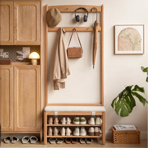 Solid Oak Hall Tree with Shoe Bench, 2-Tier Shoe Rack & 7 Hooks – Natural