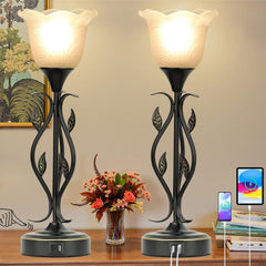 Dimmable Touch Table Lamps Set of 2 with USB Port & Glass Flower Shade