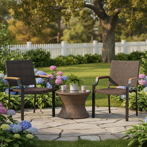 Stackable Patio Wicker Dining Chairs Set of 4 with Acacia Wood Armrests