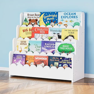 4-Tier Scalloped Kids Bookshelf – Front-Facing Wooden Bookcase