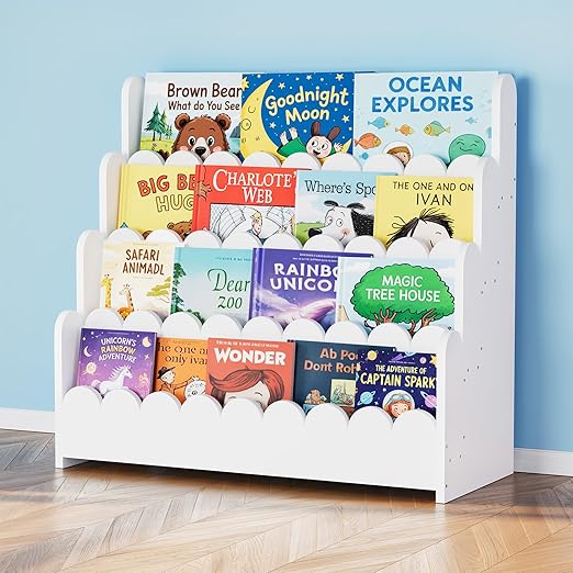 4-Tier Scalloped Kids Bookshelf – Front-Facing Wooden Bookcase