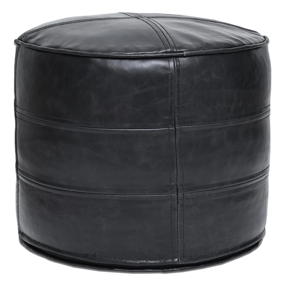 Leather Pouf Ottoman – Round Footstool, Black, 18"x18"x14"