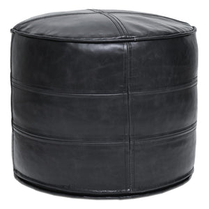 Leather Pouf Ottoman – Round Footstool, Black, 18"x18"x14"