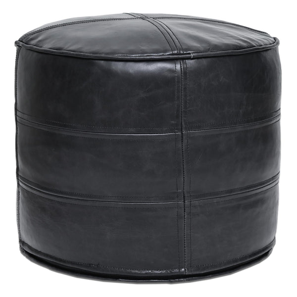 Leather Pouf Ottoman – Round Footstool, Black, 18"x18"x14"