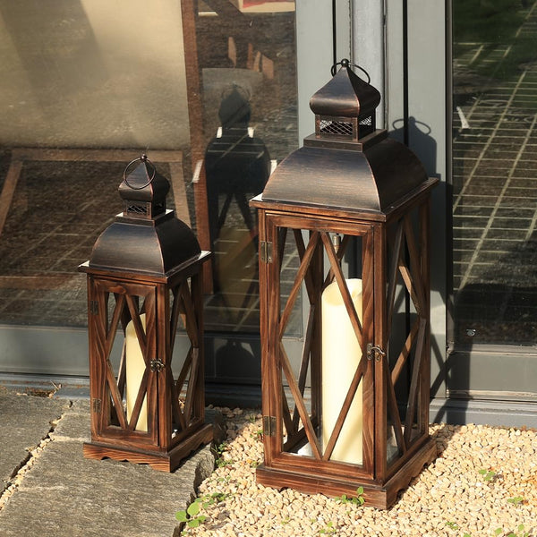 Large Farmhouse Wooden Metal Lantern Set of 2 - Rustic Indoor Outdoor Hanging Candle Lanterns