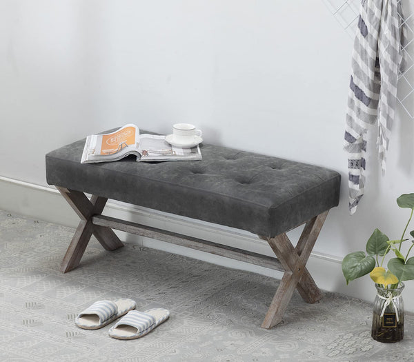 PU Leather Upholstered Entryway Bench with X-Shaped Wood Legs
