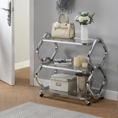 Chrome Bar Cart with Wheels & Glass Shelves