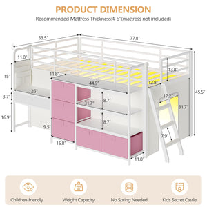 Twin Low Loft Bed with Desk, Storage Drawers, Bookshelf & LED Lights