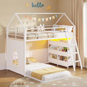 L-Shaped Twin Over Twin Bunk Bed with Storage Bins & LED Lights