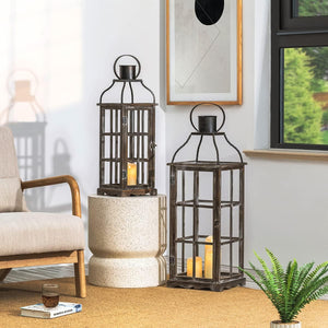 Farmhouse Wooden Candle Lanterns Set of 2 – Indoor & Outdoor Decorative Floor Lanterns