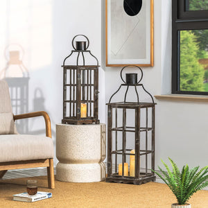 Farmhouse Wooden Candle Lanterns Set of 2 – Indoor & Outdoor Decorative Floor Lanterns