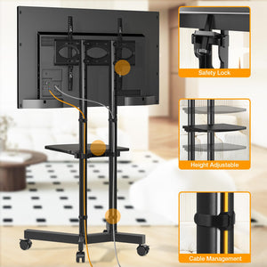 Rolling TV Stand with Wheels | Height Adjustable | Fits 32–75" TVs