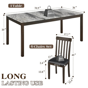 7-Piece Farmhouse Dining Table Set with Faux Marble Top & Cushioned Chairs