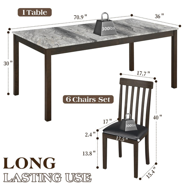 7-Piece Farmhouse Dining Table Set with Faux Marble Top & Cushioned Chairs