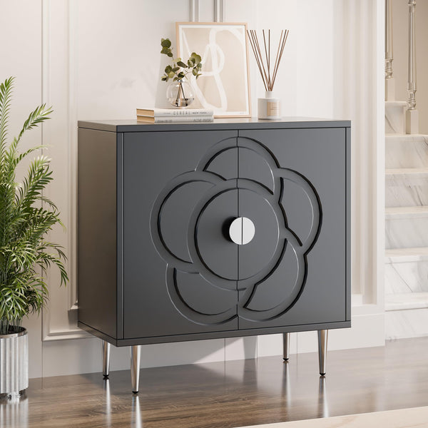 Wood Sideboard Buffet Cabinet with Decorative Flower Pattern Doors
