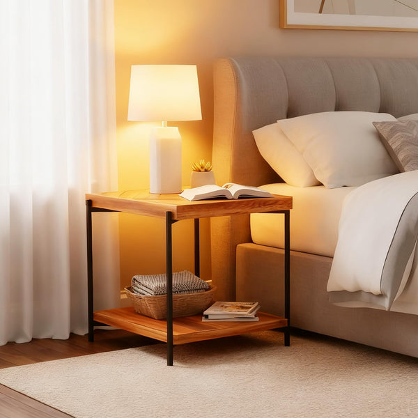 Solid Wood End Table with Metal Frame – 2-Tier Storage Shelf