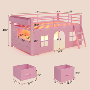 Kids Twin Low Loft Bed with Tent, Drawers & LED Lights