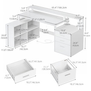 L-Shaped Computer Desk with Drawers, Power Outlets & LED Lights