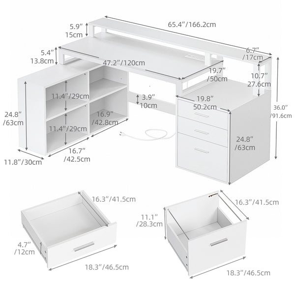 L-Shaped Computer Desk with Drawers, Power Outlets & LED Lights
