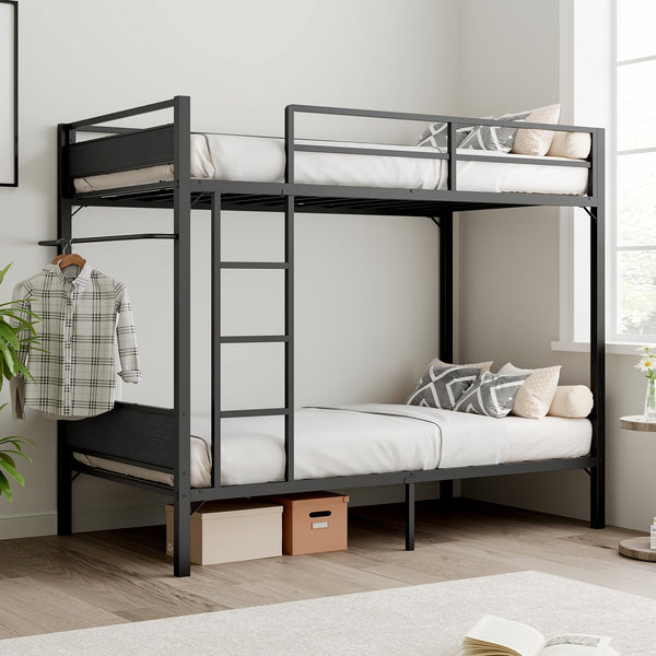 Twin Over Twin Metal Bunk Bed with Clothes Rail & Guardrail