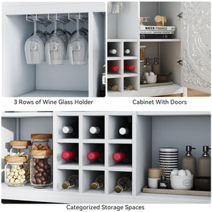 47" Wine Bar Cabinet with 2 Doors, Wine Rack, Glass Holder & Storage – White