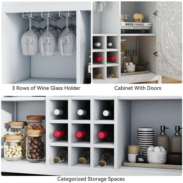 47" Wine Bar Cabinet with 2 Doors, Wine Rack, Glass Holder & Storage – White