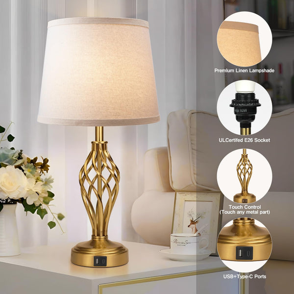 Touch Bedside Table Lamps Set of 2 with USB Charging Ports
