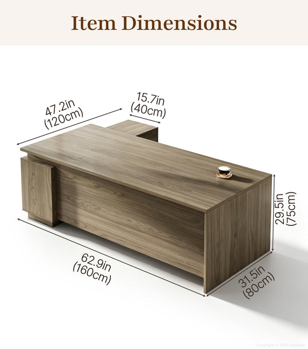 L-Shaped Executive Desk with Power Outlets & Storage