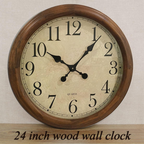 24-Inch Wood Silent Wall Clock – Large Decorative Non-Ticking Battery Operated