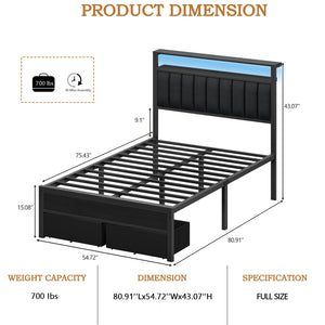 Platform Bed Frame with LED Lights, Charging Station & Storage Drawers