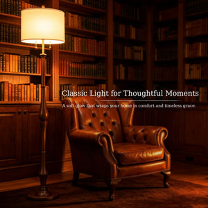 Rustic Wooden Floor Lamp with Linen Shade & Dual Pull Chain