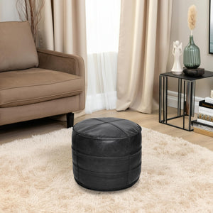 Leather Pouf Ottoman – Round Footstool, Black, 18"x18"x14"