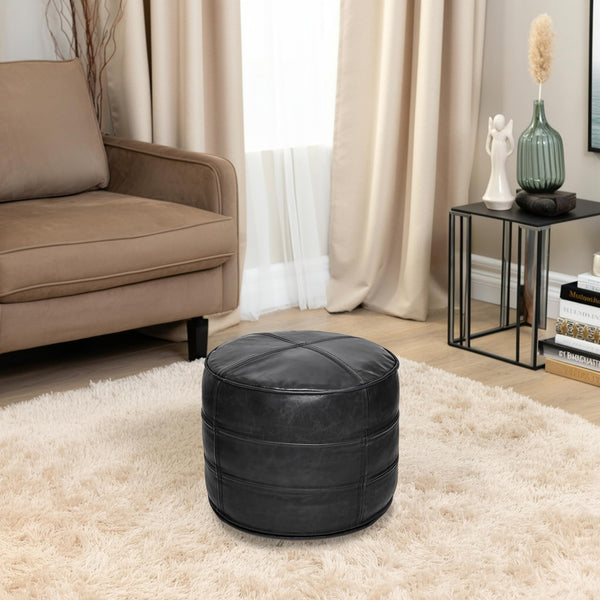 Leather Pouf Ottoman – Round Footstool, Black, 18"x18"x14"