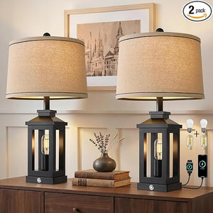 Farmhouse Table Lamp with USB Charging & Nightlight