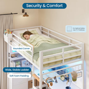 Twin Loft Bed with L-Shaped Gaming Desk & Storage