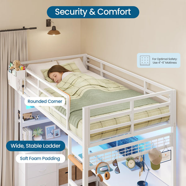 Twin Loft Bed with L-Shaped Gaming Desk & Storage