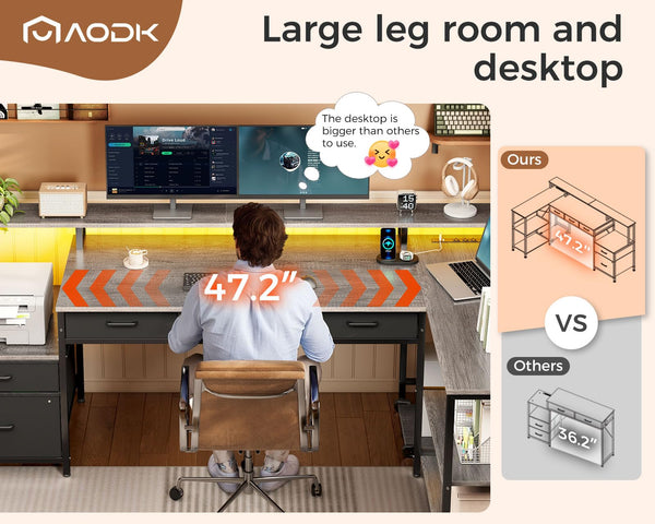 L-Shaped Desk with File Drawers, LED Lighting & Power Outlet
