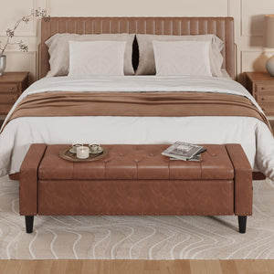 60" Upholstered Storage Ottoman Bench with Tufted Faux Leather & Nailhead Trim