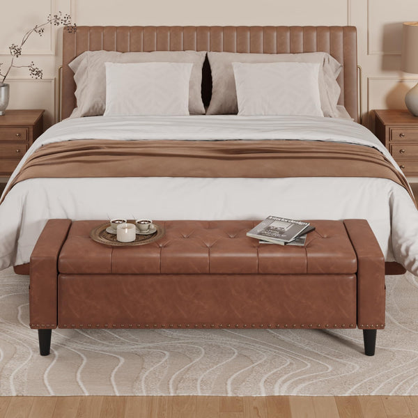 60" Upholstered Storage Ottoman Bench with Tufted Faux Leather & Nailhead Trim